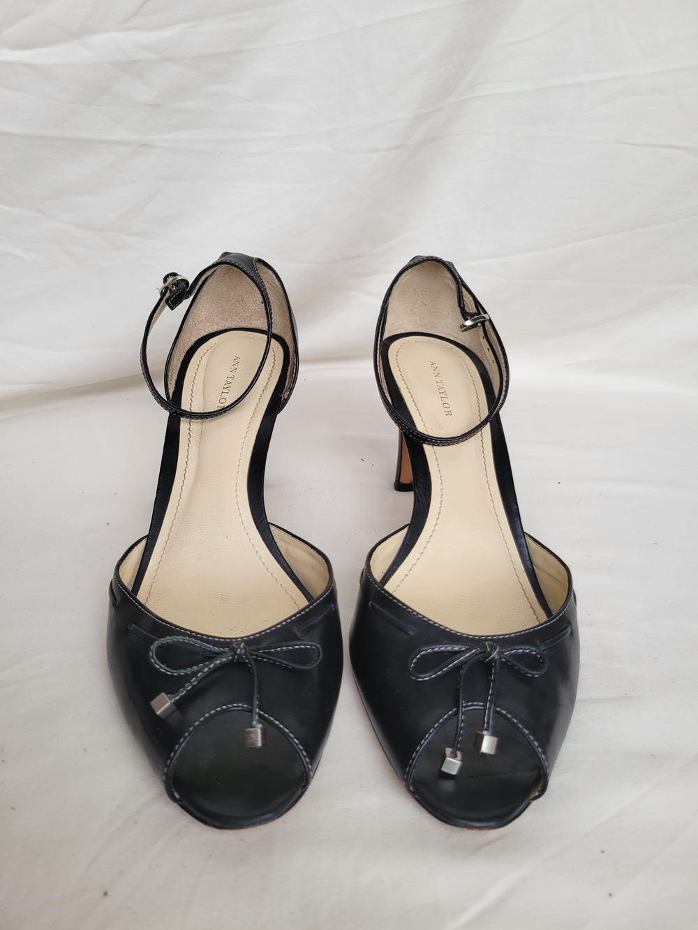 * Like New* Ann Taylor Black Leather Peep-Toe Ankle-Strap Heels
